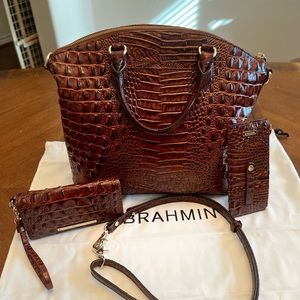 Brahmin Duxbury, credit card wallet , and Debra wristlet in Pecan Gold Melbourne
